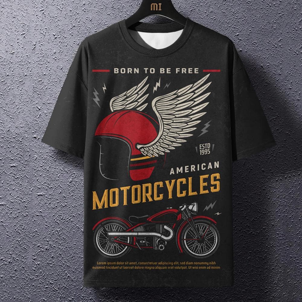 Retro Men's T Shirt Motorcycle Print Summer Street T-Shirts Round Neck Pullover Men Top Loose Casual Male Oversized Clothing M