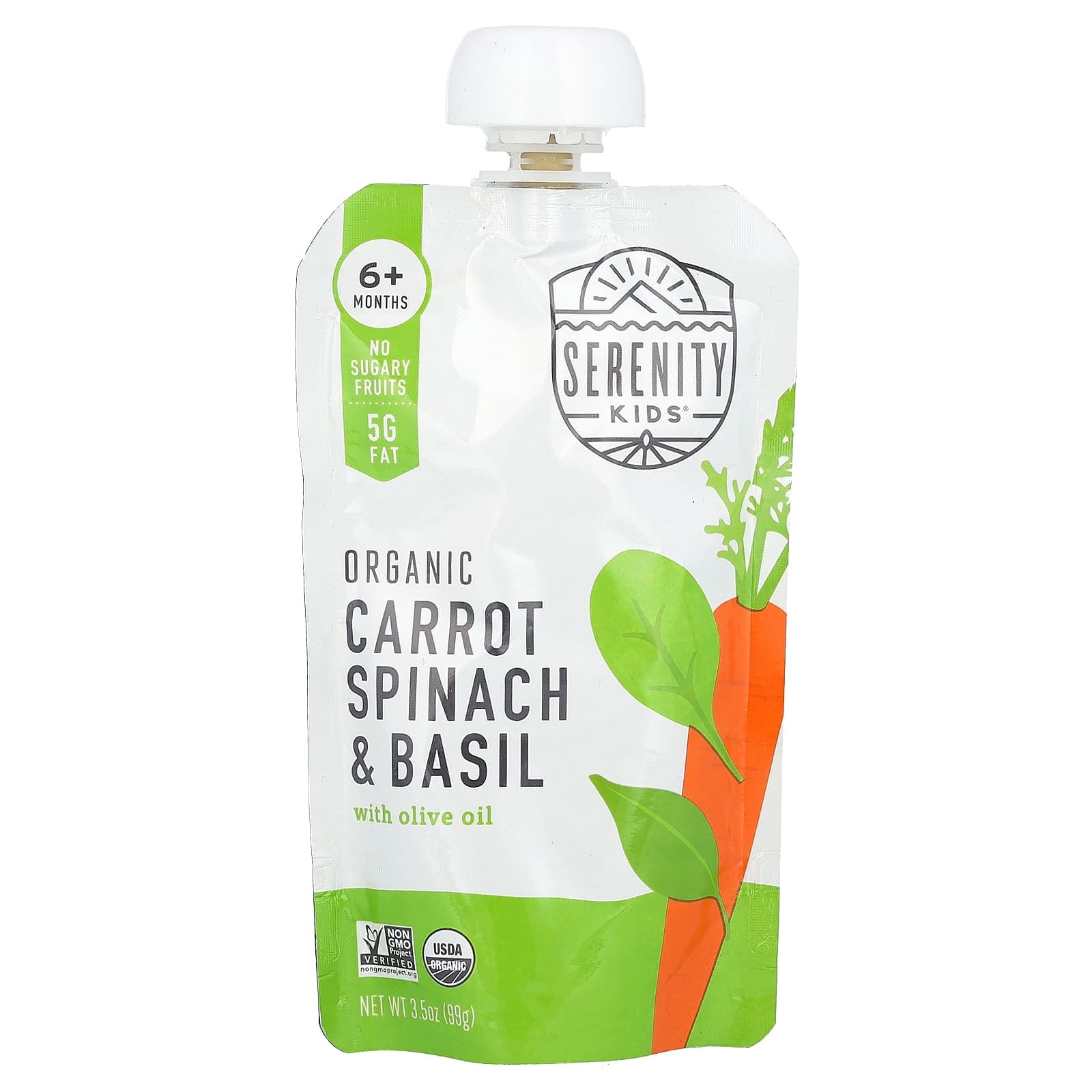 Serenity Kids, with organic carrots, spinach and basil, olive oil, ages 6 months and up, 99g (3.5oz)