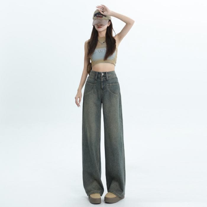 Wide-legged Jeans for Women Spring Loose High Waist Draped Floor Pants Straight Trousers for Women Spring Wide-legged Trousers XXL