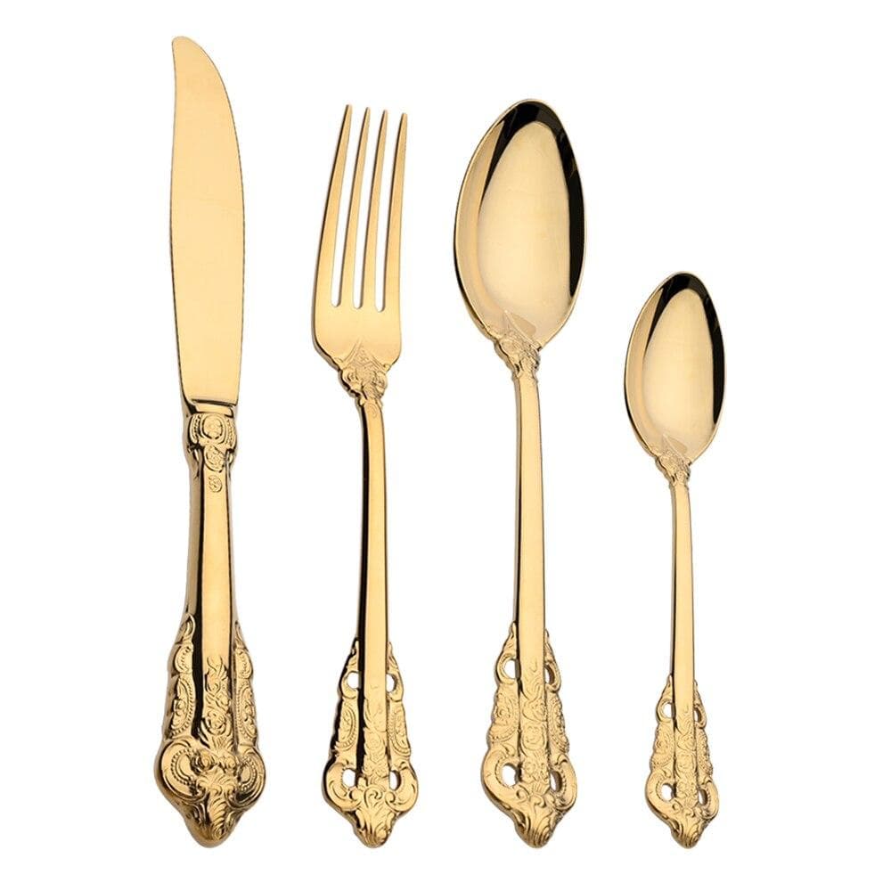 Retro Luxury Gold Silver Tableware Vintage Silverware 18/10 Stainless Steel Dinner Knife Fork Spoon Wedding Cutlery Western Dinnerware Set 1Set gold