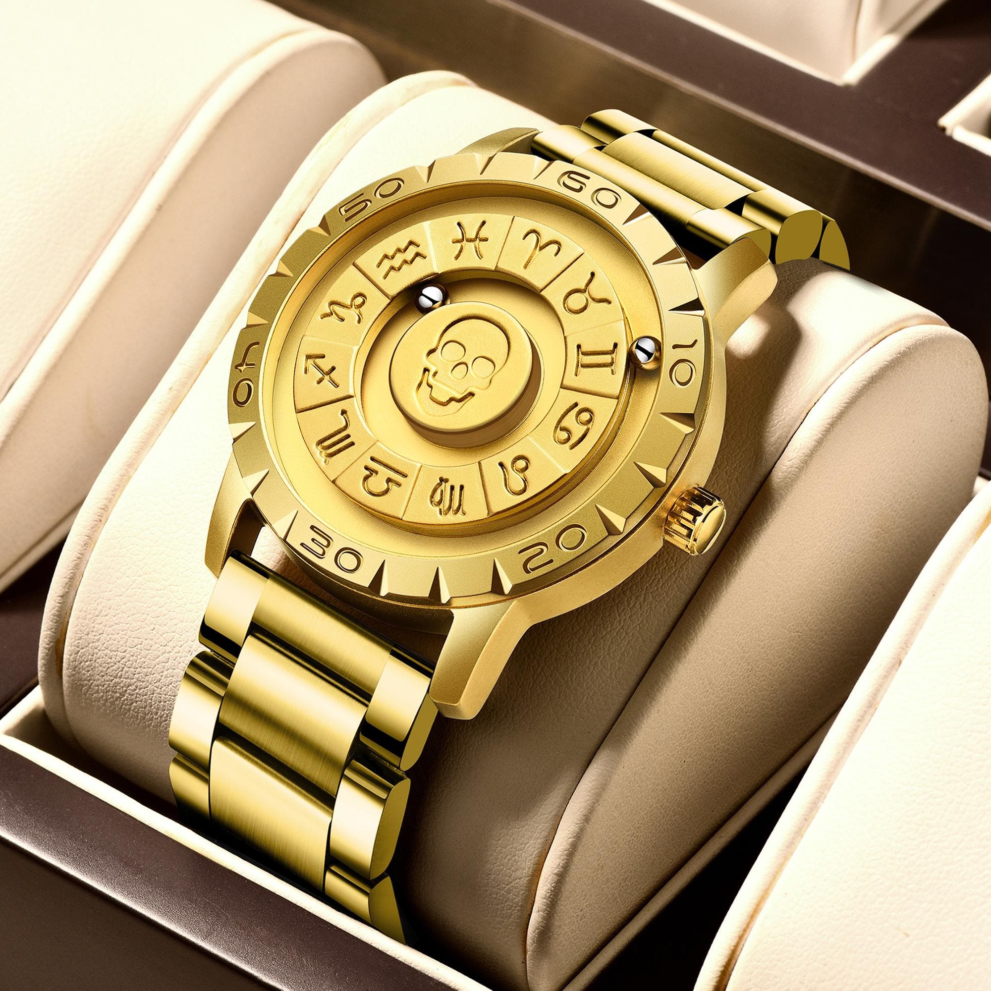 LIGE Brand FOXBOX New Personalized Original Men Quartz Watch Skull dial Magnetic Ball Design Waterproof Quartz Watch Men's Gift Steel strap gold