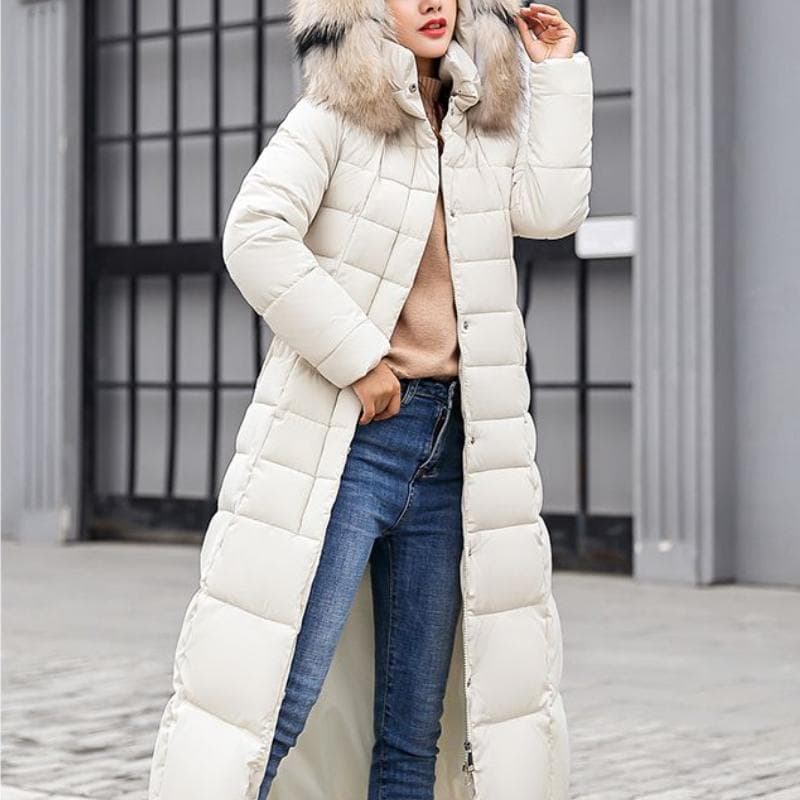 New Winter Jacket Ladies Warm Fashion Bow Belt Collar Long Dress Ladies Thick Coat XL beige