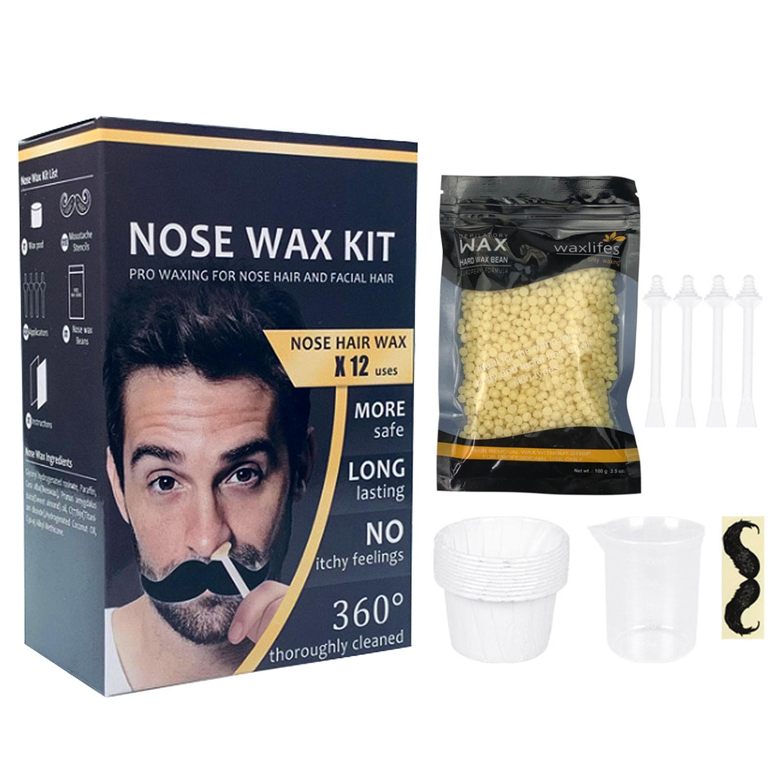 Nose Hair Removal Wax Kit Wax Beans Applicators Sticks Mustache Stickers Measuring Cup Paper Cups