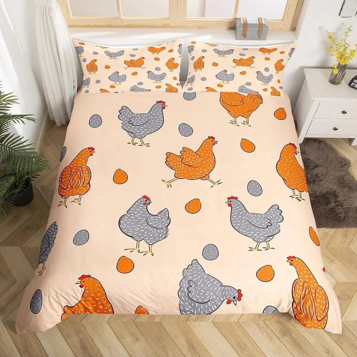 Cute Chicken Duvet Cover King Queen Colorful Rooster Bedding Set Farm Animal Comforter Cover Funny Rustic Farmhouse Quilt Cover US Twin 172x218cm