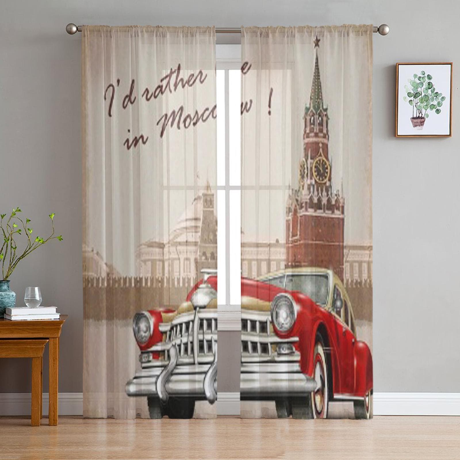 Moscow Vintage Poster Tulle Sheer Window Curtains For Living Room The Bedroom Modern Chiffon Voile Organza Curtains Decor Drapes 135W x 114H(cm)