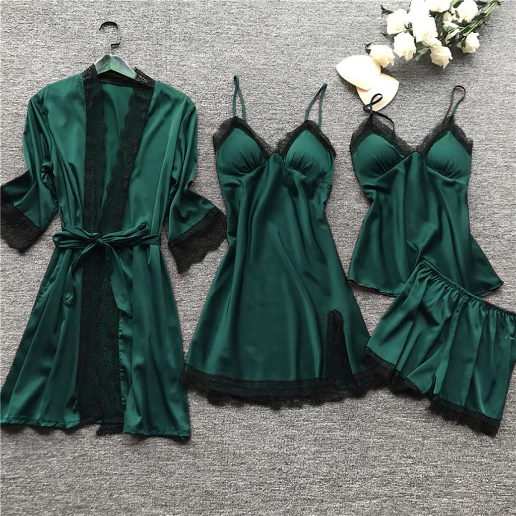 4 PCS Silk Sexy Lingerie Women's Silk Lace Robe Dress Green Pink Babydoll Nightgown Nightgown Lace Camisole Pajama Set 3XL green