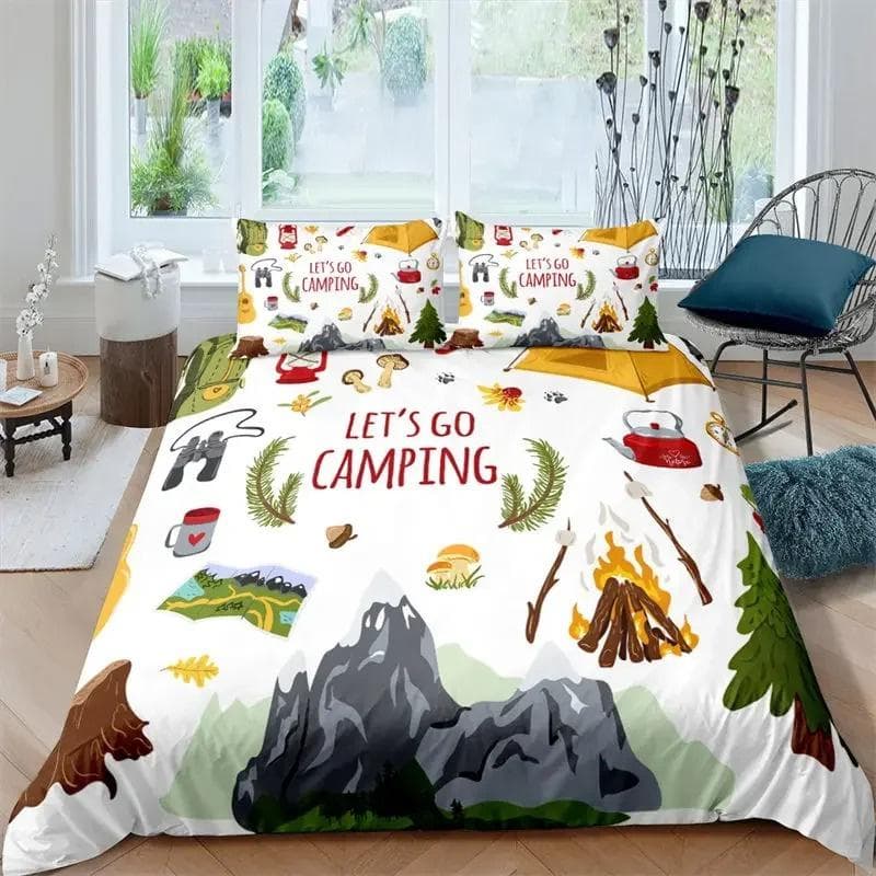 Happy Camping Duvet Cover Queen Cartoon Caravan Camping Bedding Set Farmhouse Style 3D Camper Comforter Cover With Pillowcases 150x200cm 3pcs