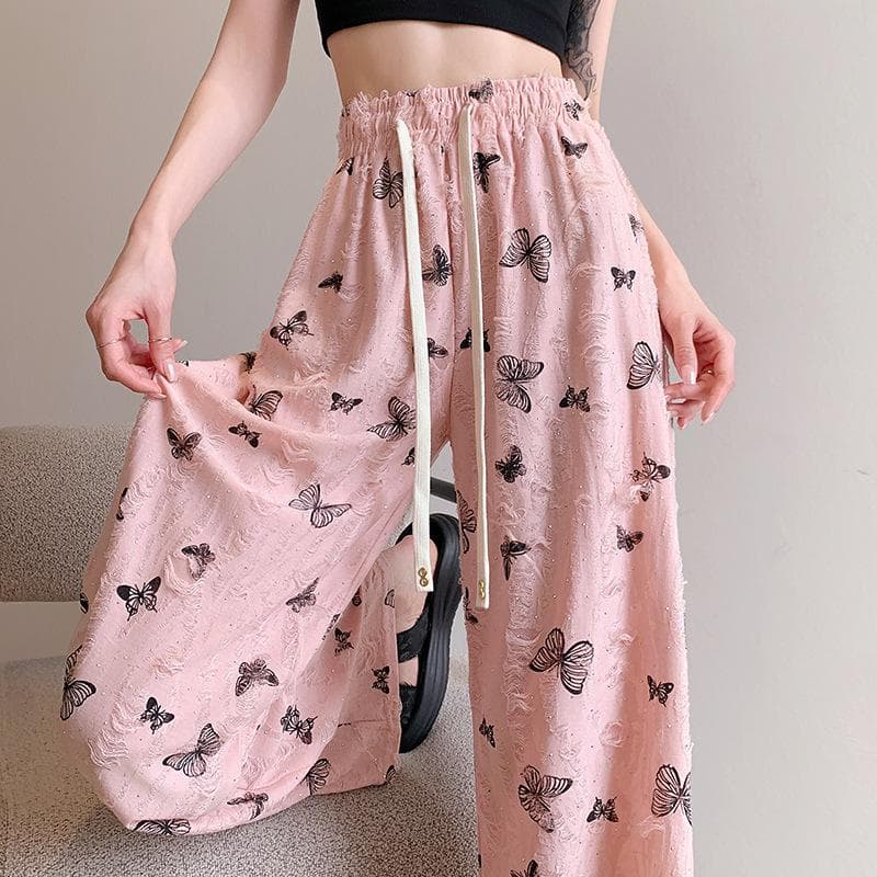 Wasteland Style Ripped Butterfly Printed Casual Pants for Women In Summer New Design Draped Straight Wide-leg Pants M pink