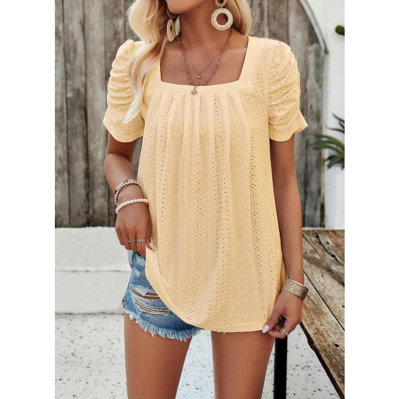 Spring Summer Casual Solid Color Square Neck Shirt Top Women Pulovers Blouses L yellow