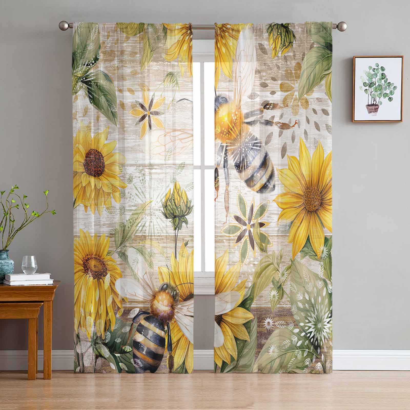 Vintage Rural Wood Grain Plants Sunflowers Bees Window Tulle Curtains for Living Room Hotel Luxury Decoration Sheer Curtains 135W x 114H(cm)