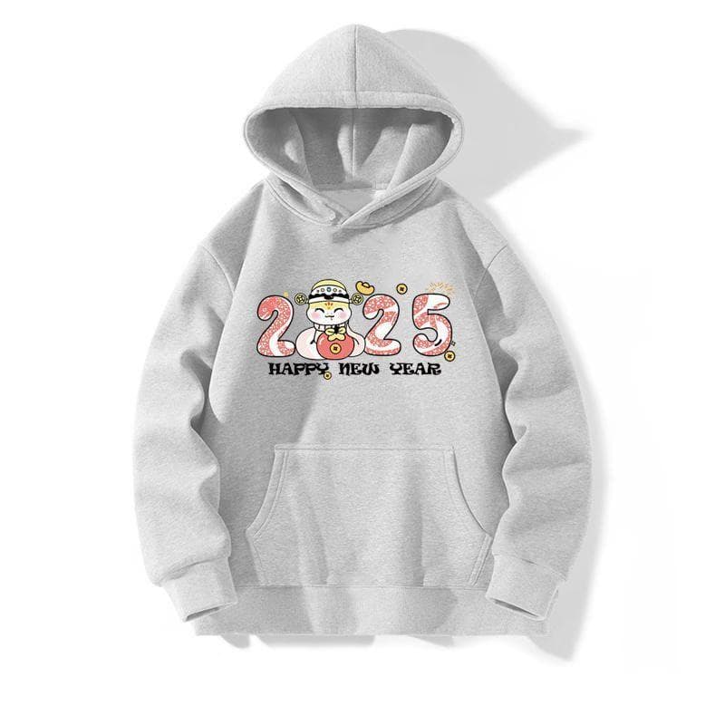 New Printed New Year's Shirt for Women In Autumn and Winter Hooded Sweatshirt Coat Loose Casual Design Top XXL grey