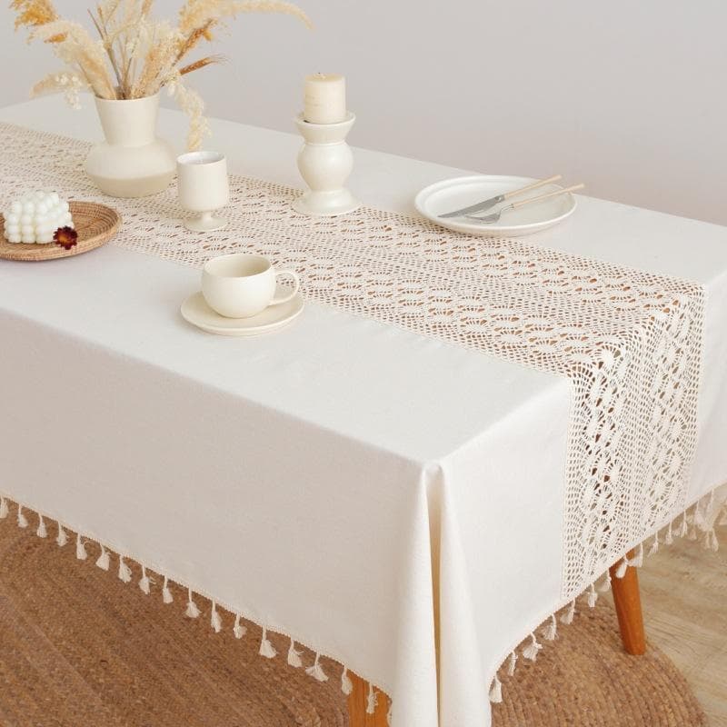 Cotton Linen Beige Thickened Tablecloth Simple Hollow Splicing Desk Cover Household Dust Proof Decorative Picnic Table Cloth 120x160cm