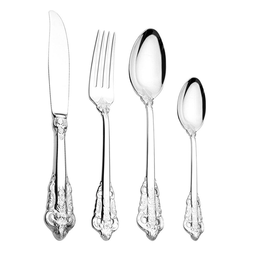 Retro Luxury Gold Silver Tableware Vintage Silverware 18/10 Stainless Steel Dinner Knife Fork Spoon Wedding Cutlery Western Dinnerware Set 1Set silver