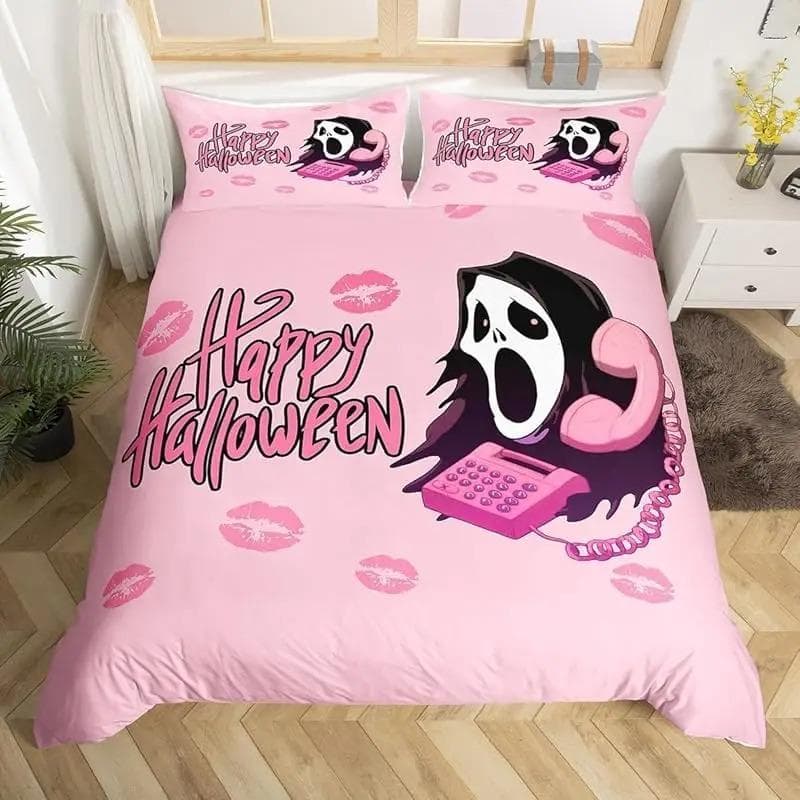 Halloween Bedding Set 3PCS Pink Cartoon Skeleton Comfortable Cover 'No You Hang Up' Funny Horror Ghost Design EU single(135x200cm)