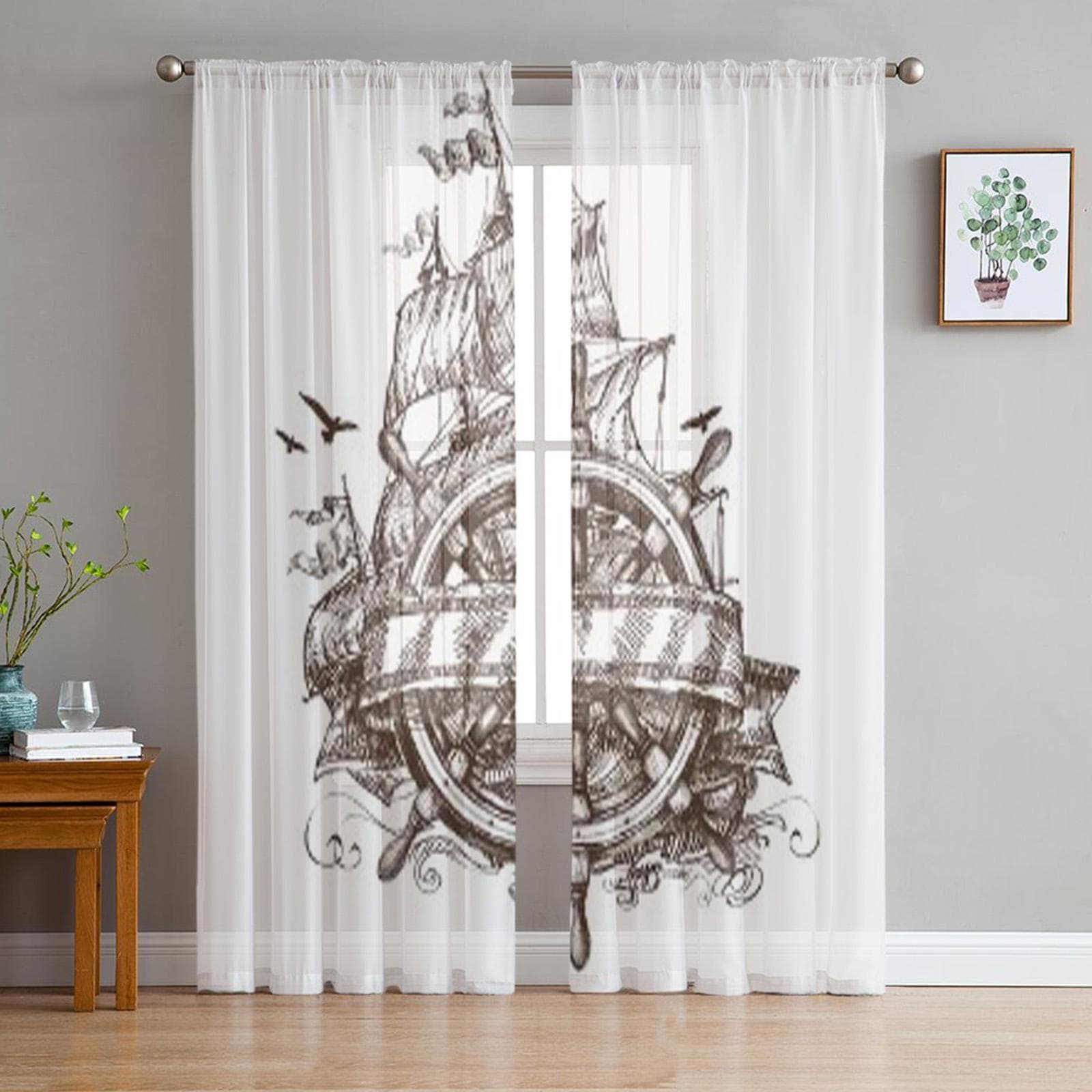 Adventure Vintage Ship Rudder Tulle Sheer Curtains for Living Room the Room Bedroom Kitchen Decoration Voile Organza Curtains 135W x 114H(cm)