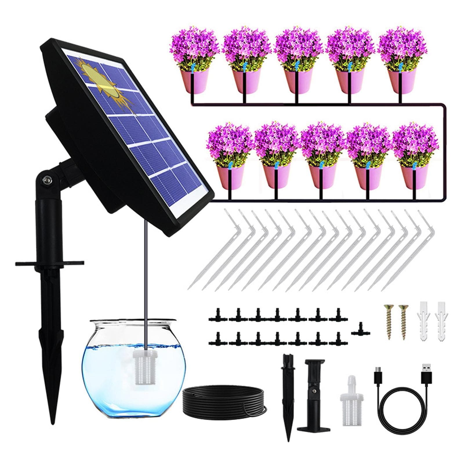 Solar Automatic Drip Irrigation Kit Anti-siphon Solar Powered Irrigation System for Garden Balcony black