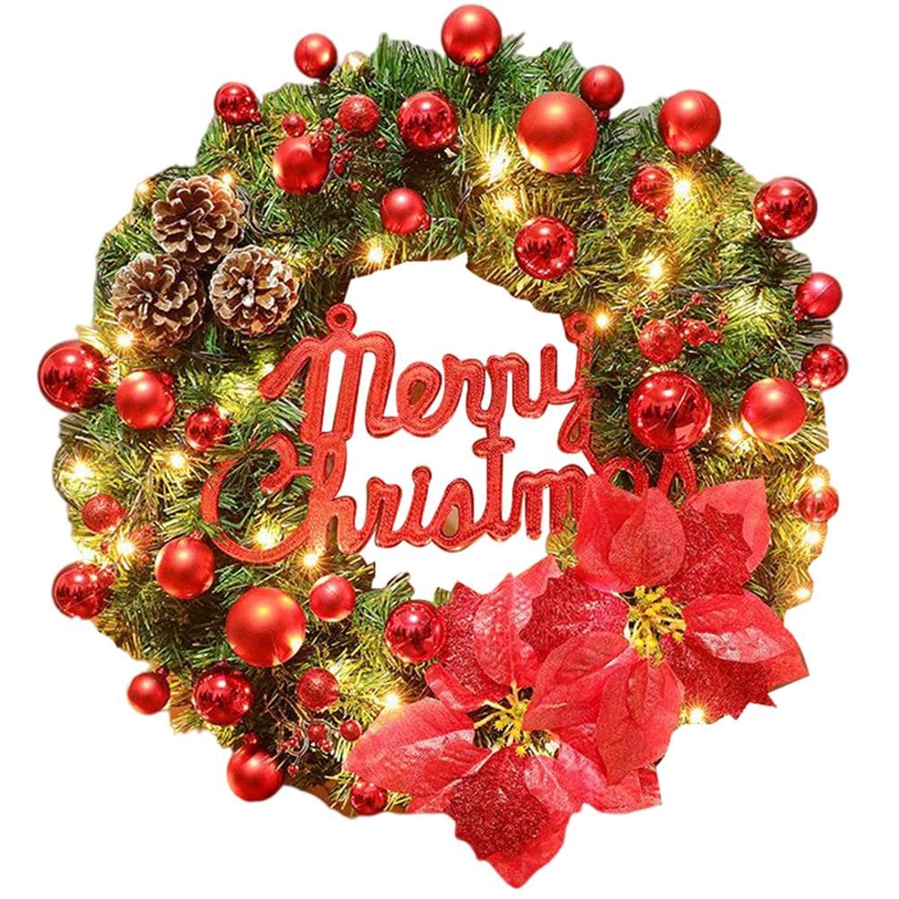 Xmas Wreath 40cm Artificial Xmas Pine Cones Wreath with LED Lights Xmas Ornaments for Front Door