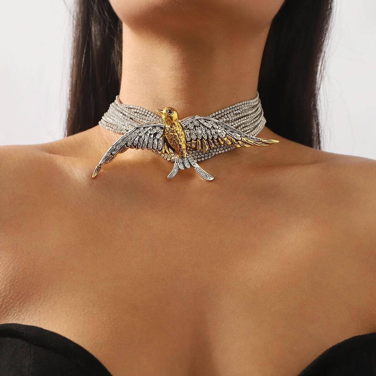 Vintage Multi-layered Rhinestone Bird Swallow Choker Necklace silver