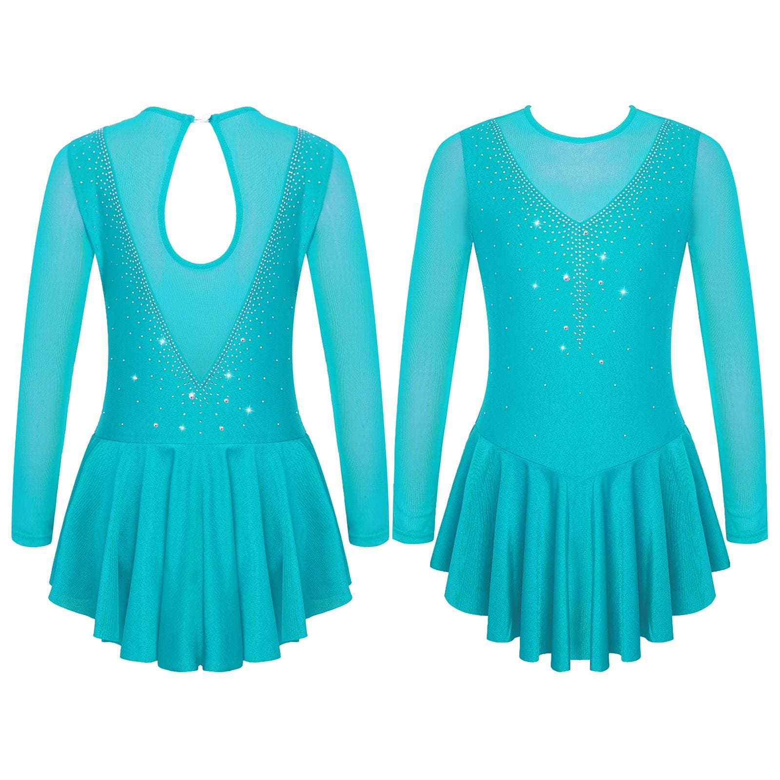 Kids Girls Stylish Skating Dress Long Sleeve Sparkly Rhinestone Dress for Dance Gymnastics 14-16 Years lake green