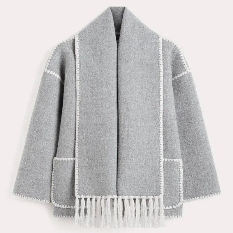 Woolen Jacket Women Autumn Patchwork Tassel Scarf Single Breasted Pocket Coats Casual Fashion Long Sleeve Loose Top Streetwear S gray
