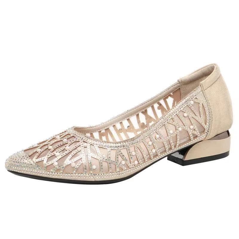 Rhinestone Soft Leather Sandals Women's Summer Flat Bottom Hollowed-out Mesh Shoes Shallow Mesh Single Shoes Women's Shoes 35 gold
