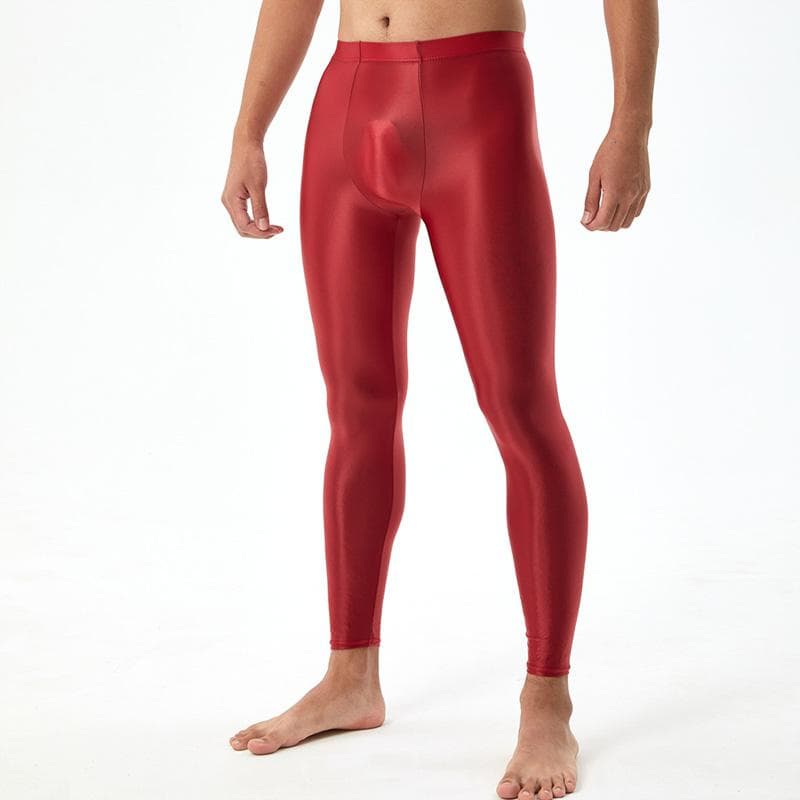 Men's Silky Smooth Sexy Tight Leggings U Convex Glossy Pants Bodybuilding Plus Size Shiny L burgundy