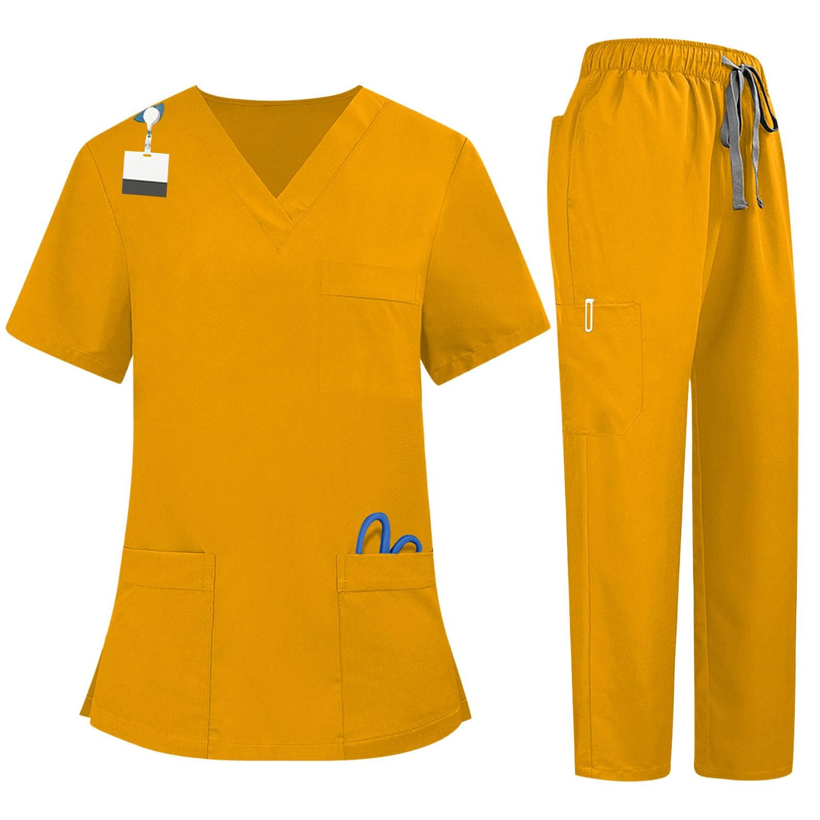 Soild Scrub Working Uniform Suit For Women's Cross V-Neck Short Sleeve Fun T-Shirts Workwear Tee With Pockets S yellow