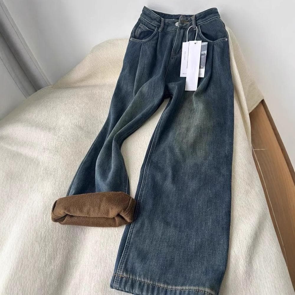 Thickened High Waist Pleated Wide-leg Jeans for Women In Winter New American Retro Loose Slimming Straight Trousers XL