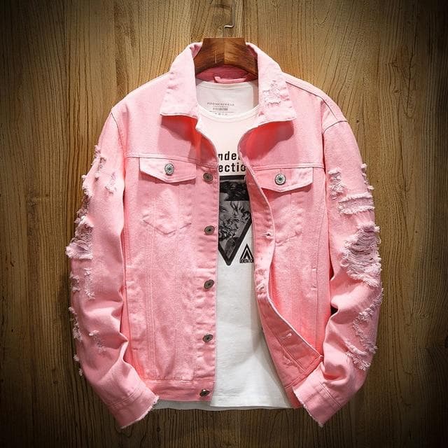 2021 Autumn New Men's Jean Jacket Slim Fit Cotton Denim Jacket Red White Black Ripped Hole Jean Coats Men Outwear Plus Size L pink