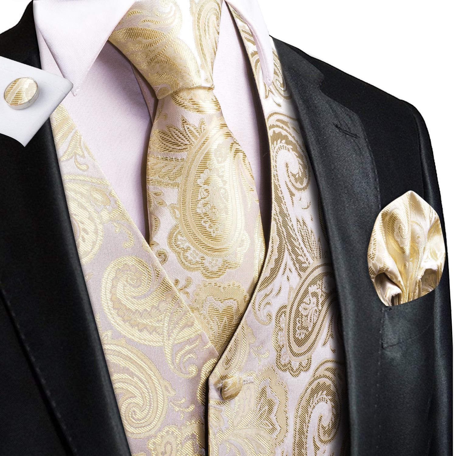Hi-Tie Mens Waistcoat Silk Paisley Floral Tie Handkerchief Cufflinks SET Formal L