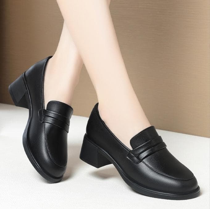 Comfortable Deep Mouth Soft Leather Anti-slip Shoes Platform Spring 2025 Women's Block Black High Heels Office Mother Shoes 36