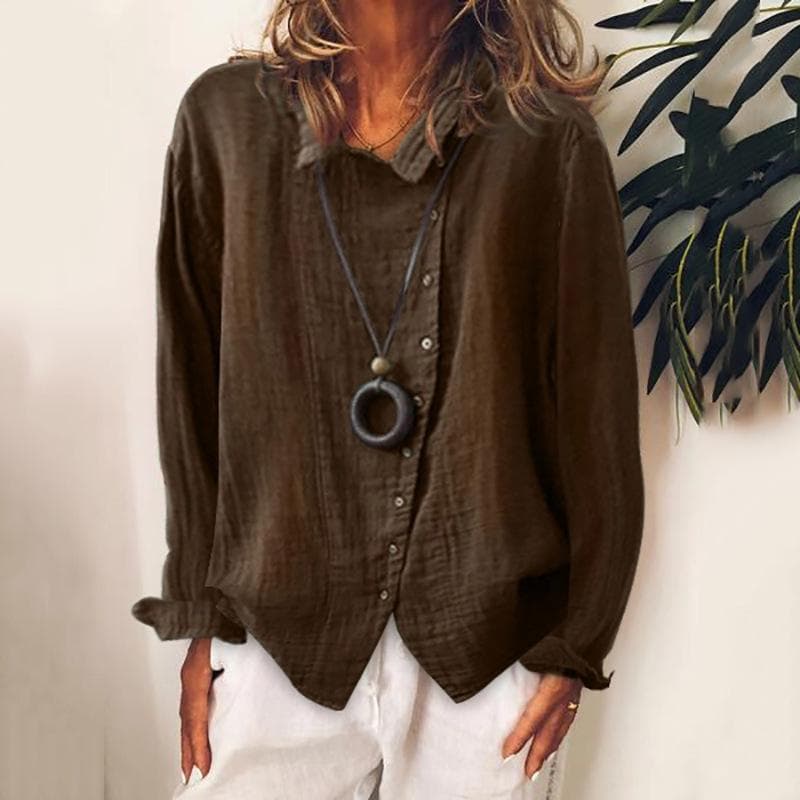 Casual Ladies Breathable Loose Cotton Linen Shirt Autumn Solid Color Temperament Blouses Tops Women M brown