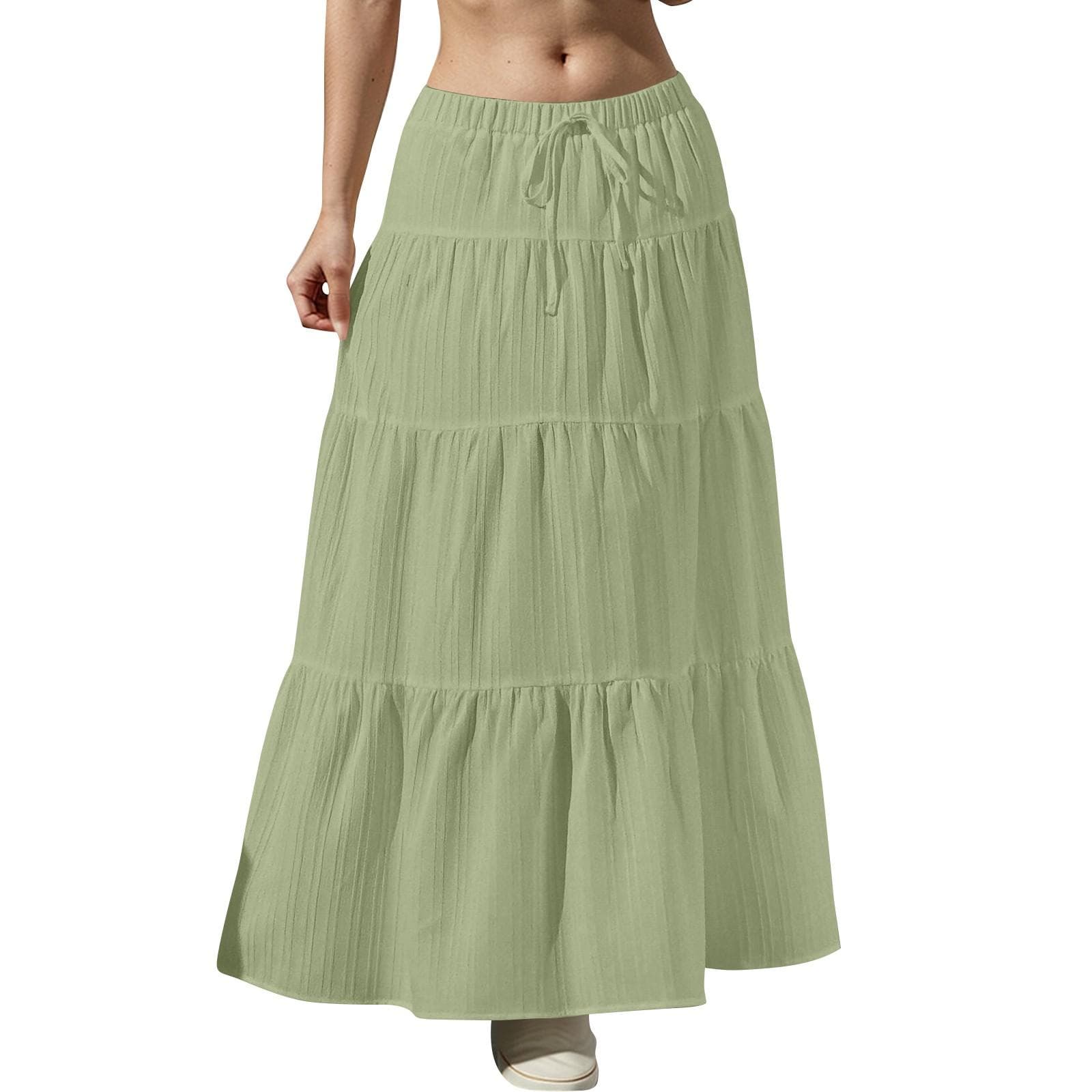 Women's Flowy Flared Ruffle Hem A Line Maxi Skirts Elastic Waist Elegant Tiered Layer Boho Long Skirts L green