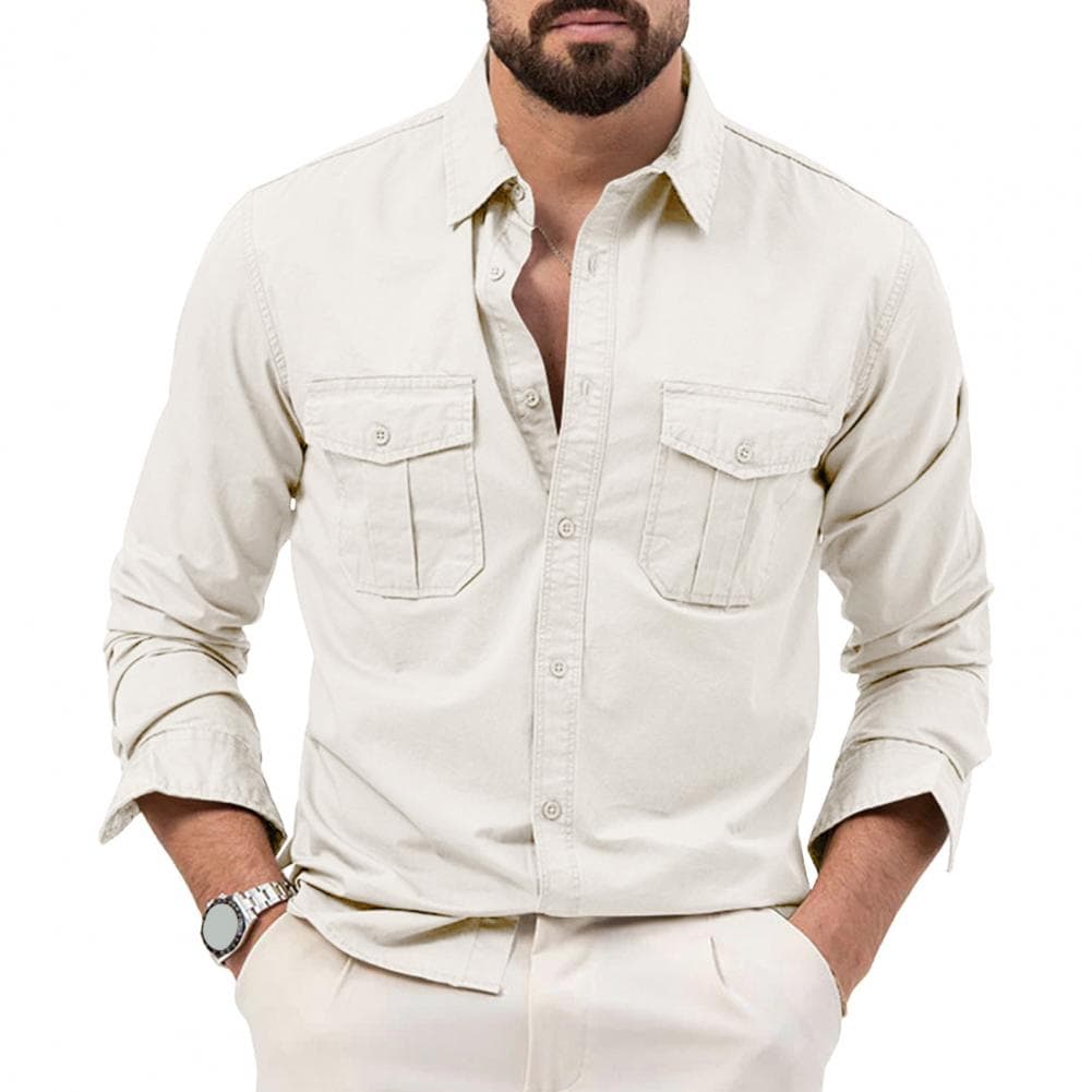 Fall Spring Men Shirt Retro Single-breasted Lapel Long Sleeves Cardigan Chest Pockets Buttons Washed Solid Color Mid Length Top M white