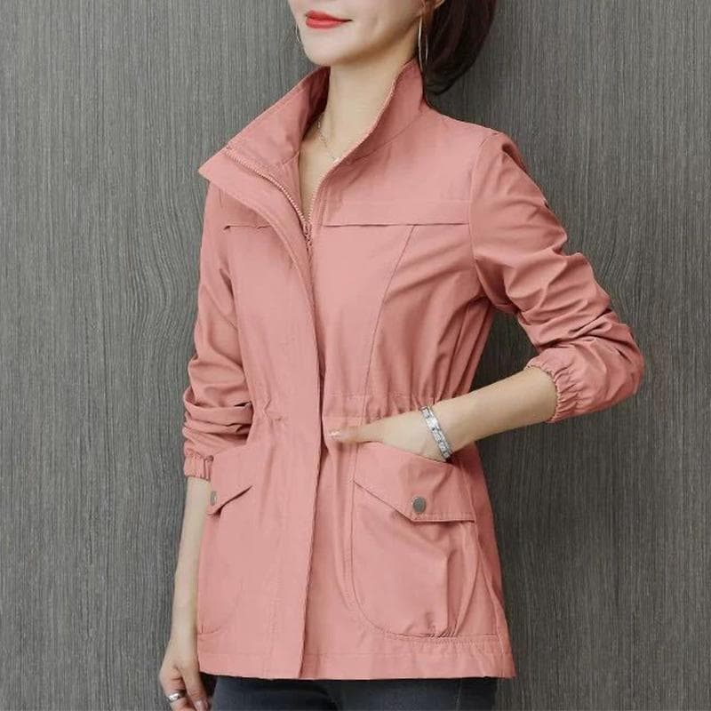Double Layer Women Windbreaker Spring Autumn Short Coat Fashion Plus Size Stand-Up Collar Ladies Jacket 4XL pink