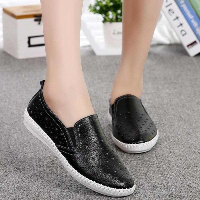 Spring Women Casual Flat Shoes Genuine Leather Ballet Flats Shoes Ladies Cut Out Slip On Brand Loafers Boat Shoes 56ty 35 black