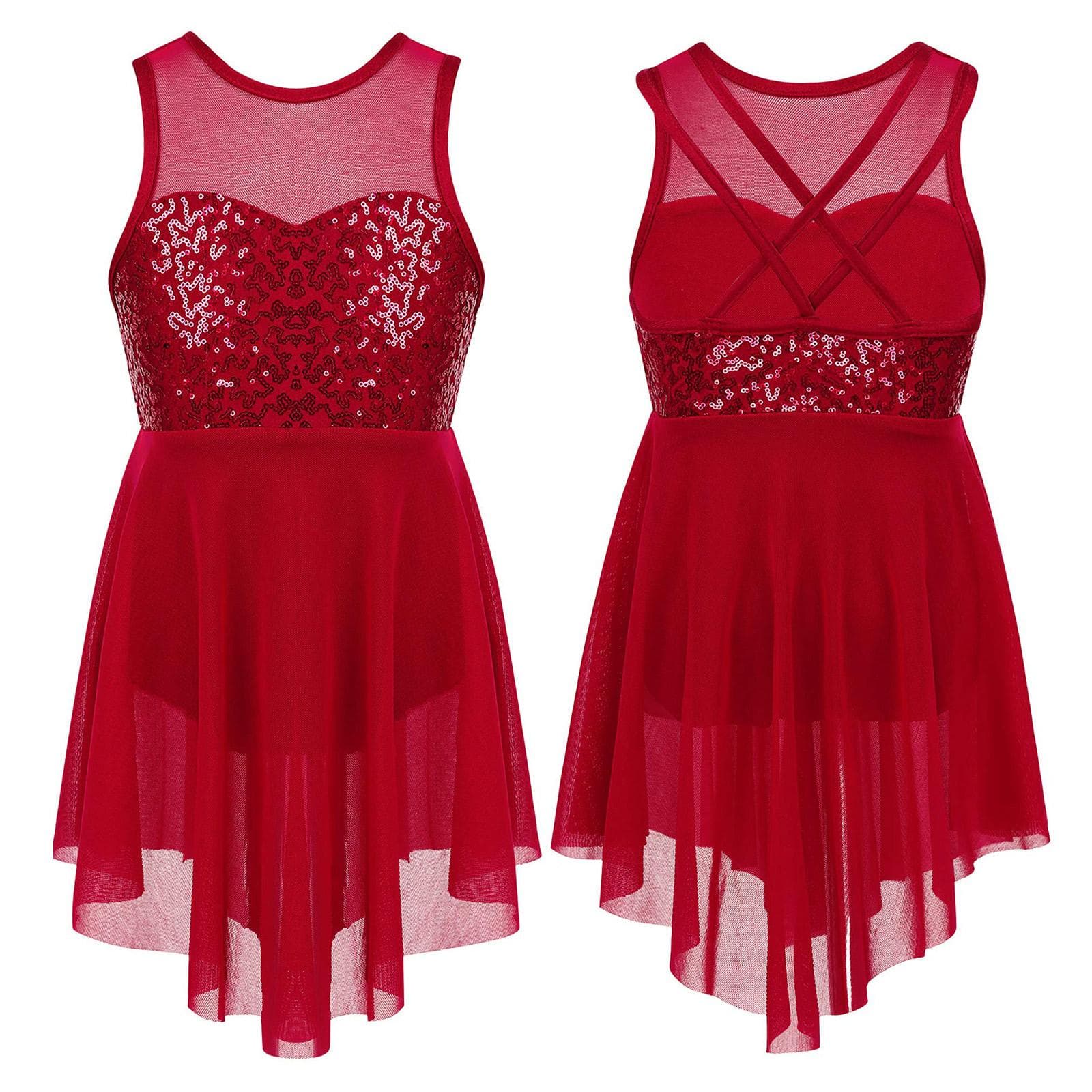 Kids Girls Ballet Dance Leotard Dress Sequins Criss-Cross Back Irregular Hem Lyrical Dance Costume Dress 9-10 Years burgundy