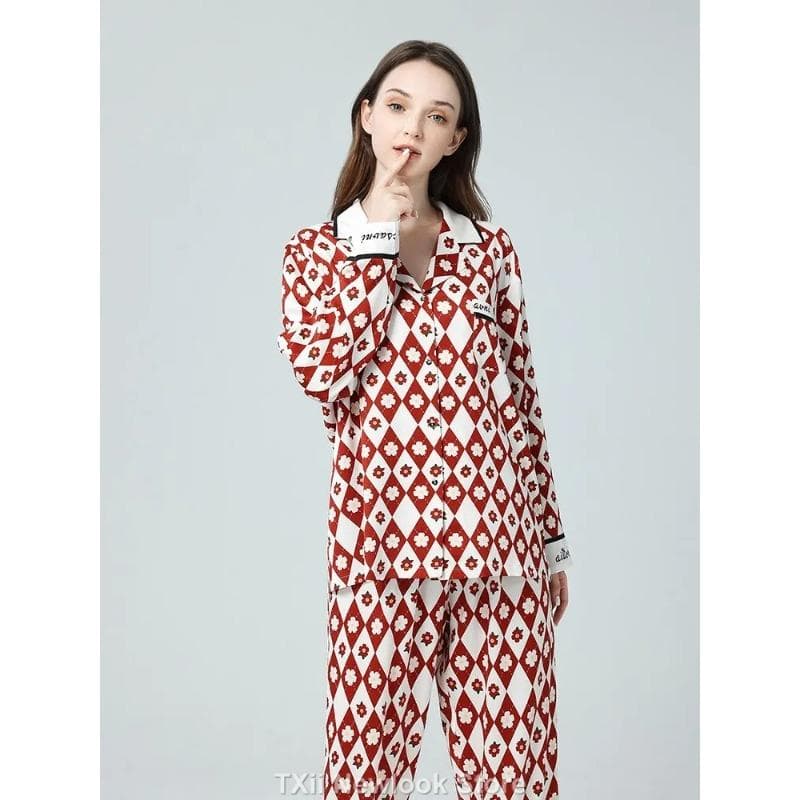 New Home Wear Women's Long-sleeved Ice Silk Red and White Rhombus Five-petal Pants Pajama Set XL