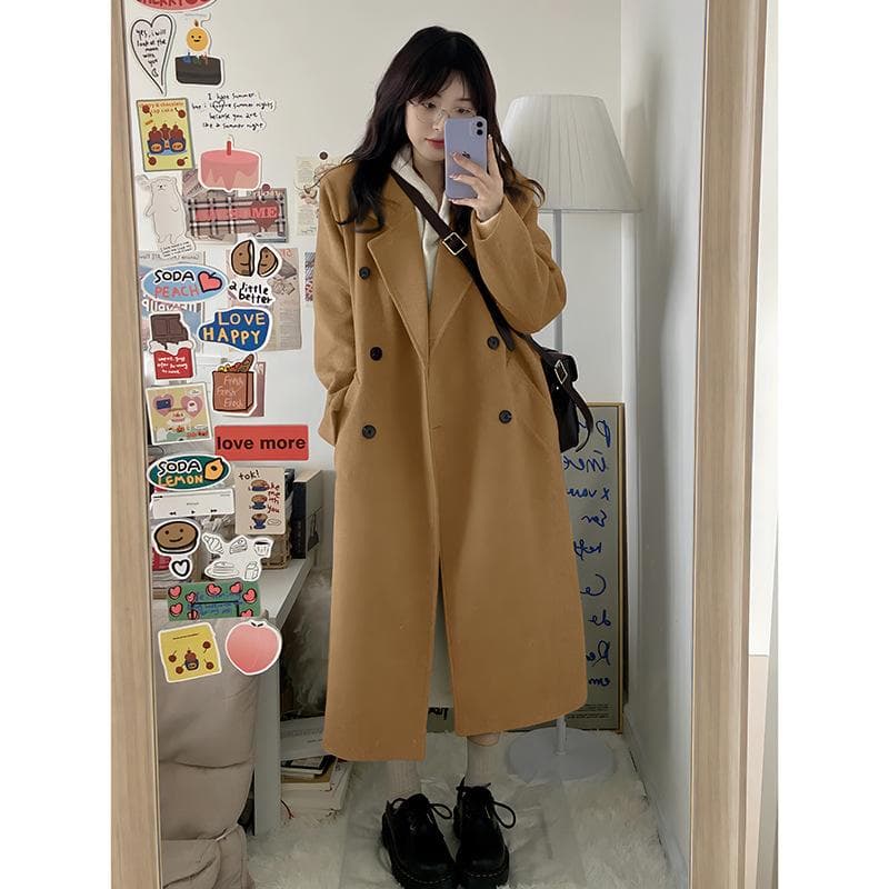 Gray Brown Woolen Coat for Women Autumn and Winter New Style Hepburn Style Retro Double-breasted Mid-length Woolen Coat XL