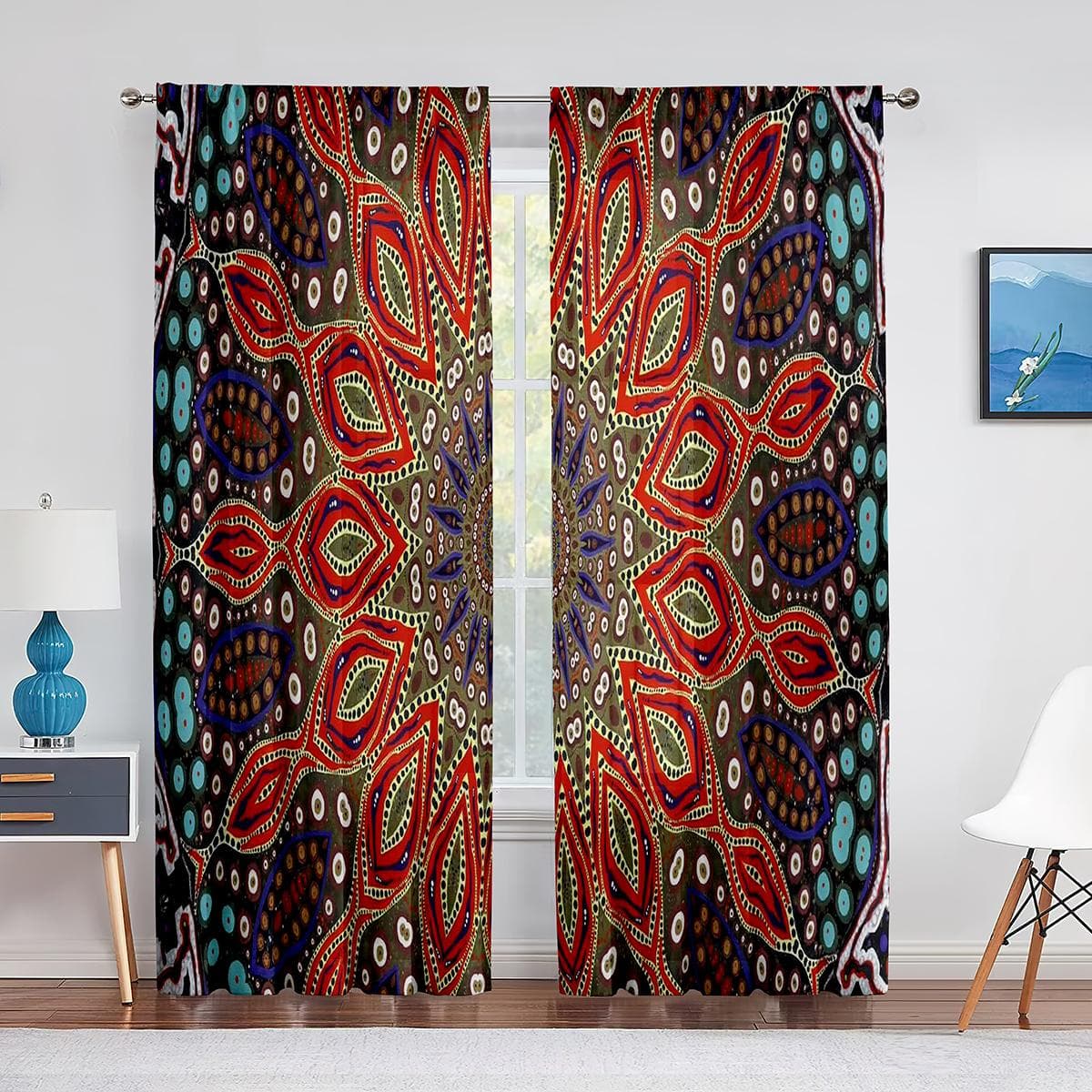 Mandala Bohemian Boho Green Blue Tulle Curtains for Living Room Bedroom Kitchen Chiffon Sheer Curtains Window Treatment Decor 1 PCS W150XH250cm&Rod Pocket