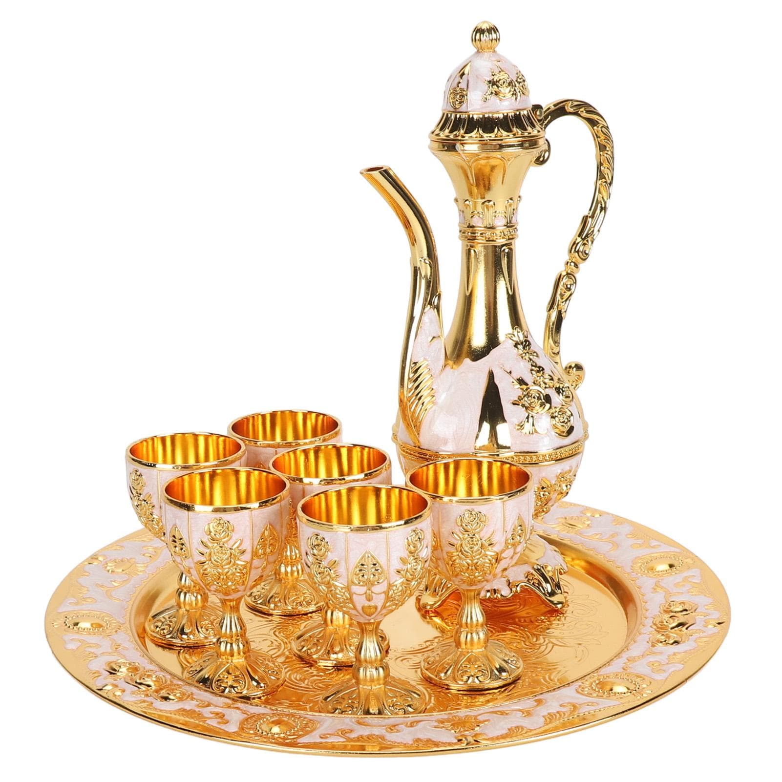 Vintage Wine Pot Set European Retro Coffee Pot Tray Kit Exquisite Carving Zinc Alloy Wine Cups for