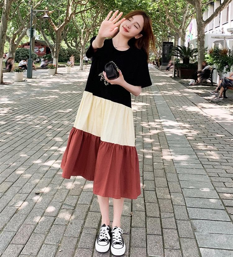 Large Size Fashionable and Stylish Mid To Long Knee Length Skirt, Summer T-shirt Dress, Patchwork Contrasting Color 3XL brick red