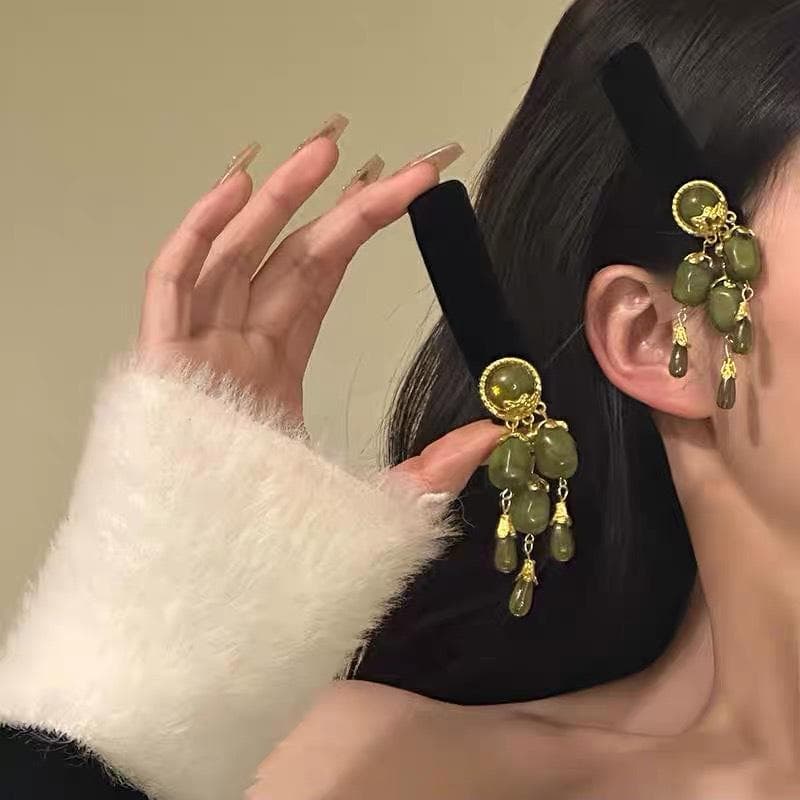 Plastic Gemstone Headband with Olive Green Tassel - Elegant Chinese Style Hair Accessory for Women Retro Headpiece Hairpin
