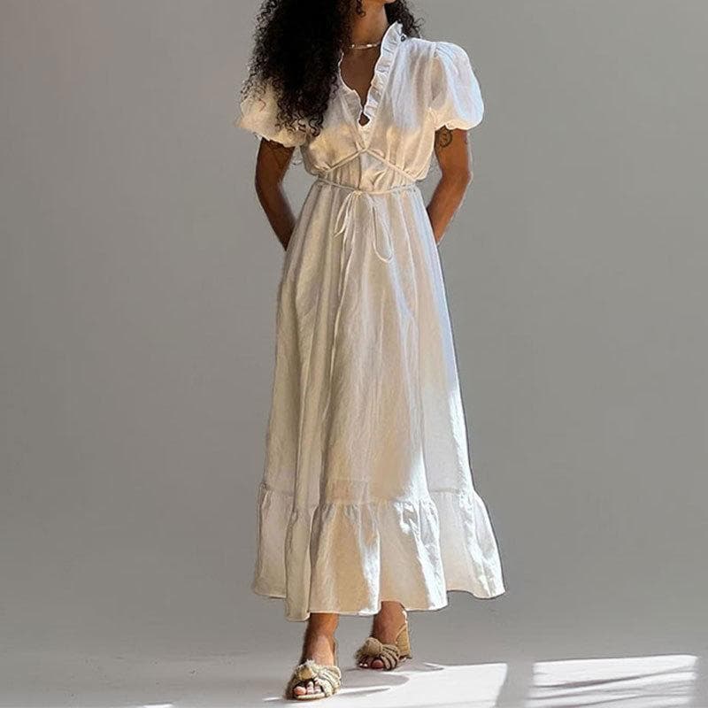 New Women's Elegant Puff Sleeves V-neck French Ruffle Strap Dress S white