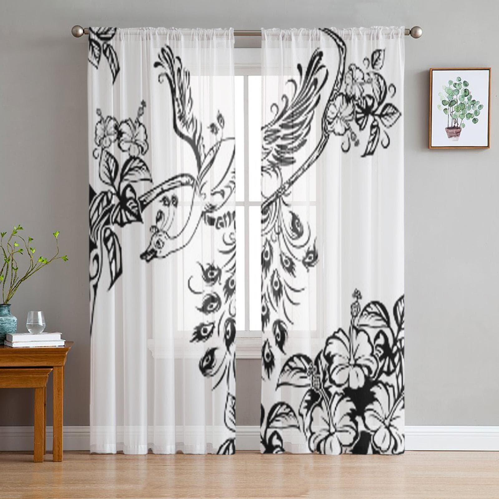 Peacock Tree Branch Flowers Hibiscus Chiffon Sheer Curtains for Living Room Bedroom Window Curtain Voiles Tulle Cortinas 135W x 114H(cm)