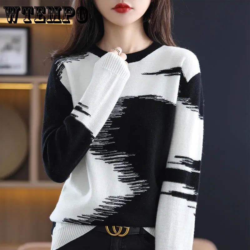 Color Matching Round Neck Sweater Women Loose Outer Wear Large Size Top Pullover Bottoming Knitted Sweater Soft All-match Sweater S black