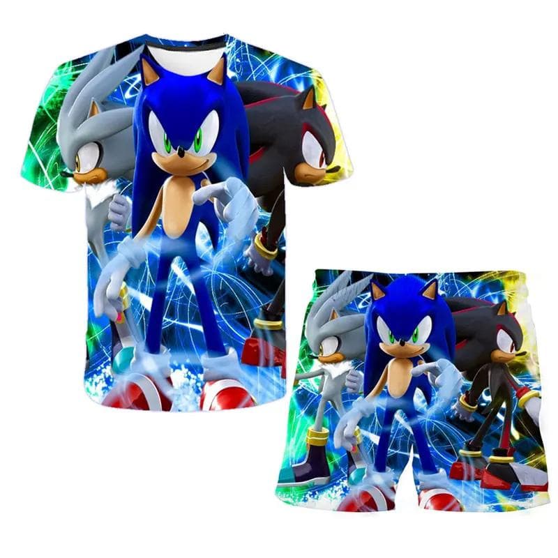 2025 MINISO New boys and girls super sonic Tshirts+shorts Harajuku Sonic print suit T-shirt + shorts fashion street style children's short sleeves 120
