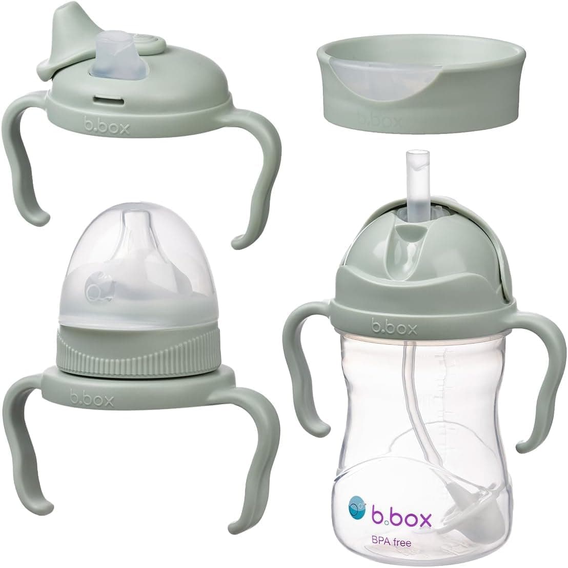 b.box (Bee Box) Straw Mug Set for Babies 4 Months and Up, Developmentally-Adapted, Baby Gift, Muted Colors [Authentic] [Step-Up Mug Pack] Sage