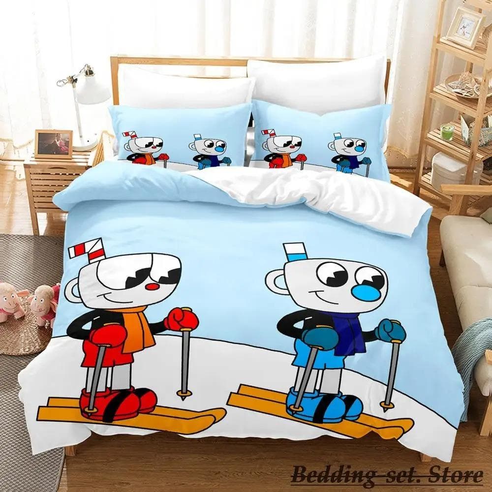 Game Cuphead Mugman Bedding Set Cartoon Anime three-piece set Adult Kid Bedroom Duvetcover Sets 3D Kawaii cama de casal 70x133cm 2pcs