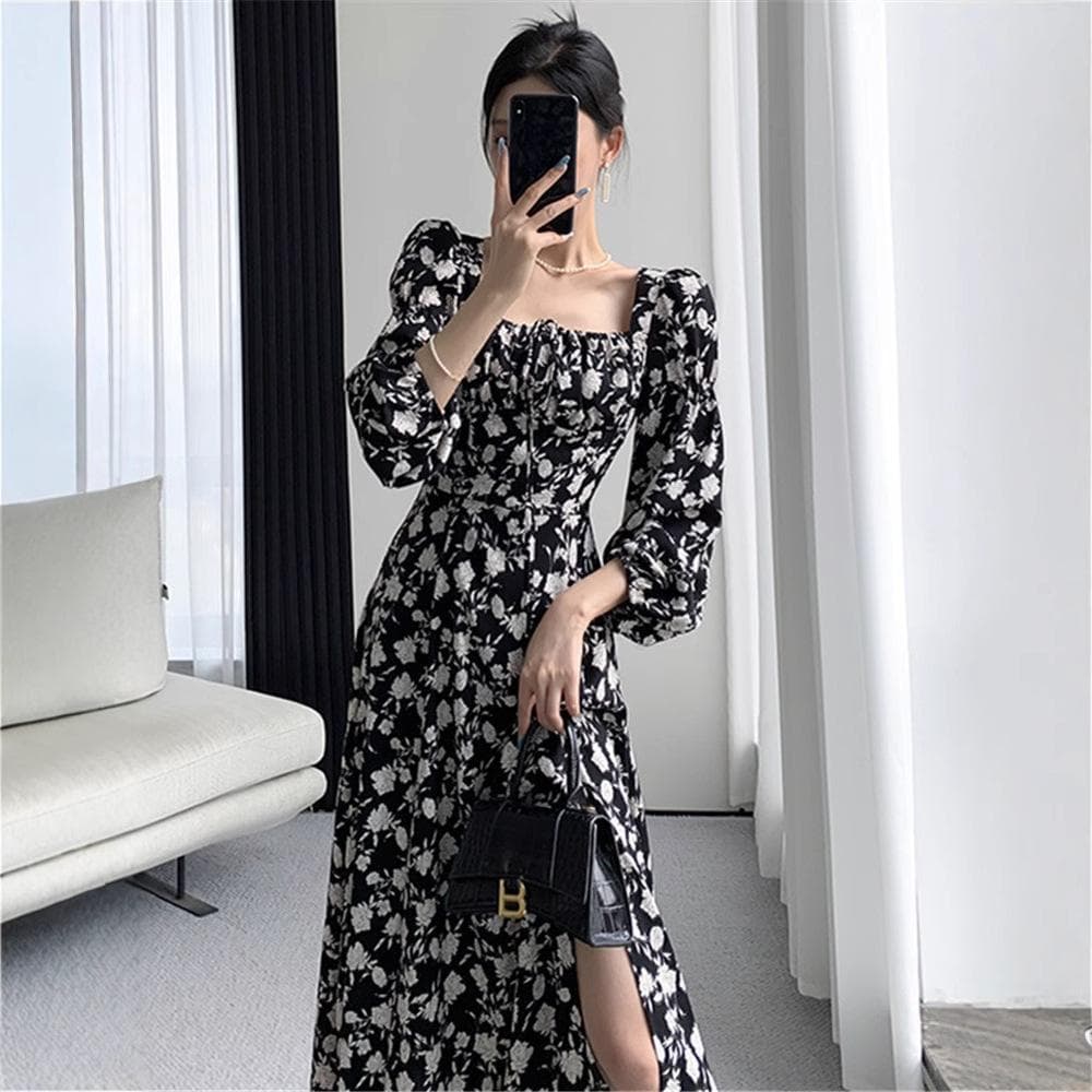 New Sexy Chiffon Temperament Long Skirt for Spring and Autumn French Retro Square Collar Puff Sleeve Floral Dress 2XL